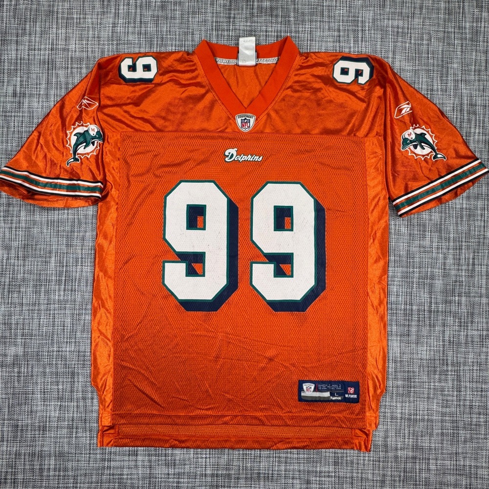 Reebok Mens Large Miami Dolphins Jason Taylor 99 Orange NFL Onfield Mesh Jersey